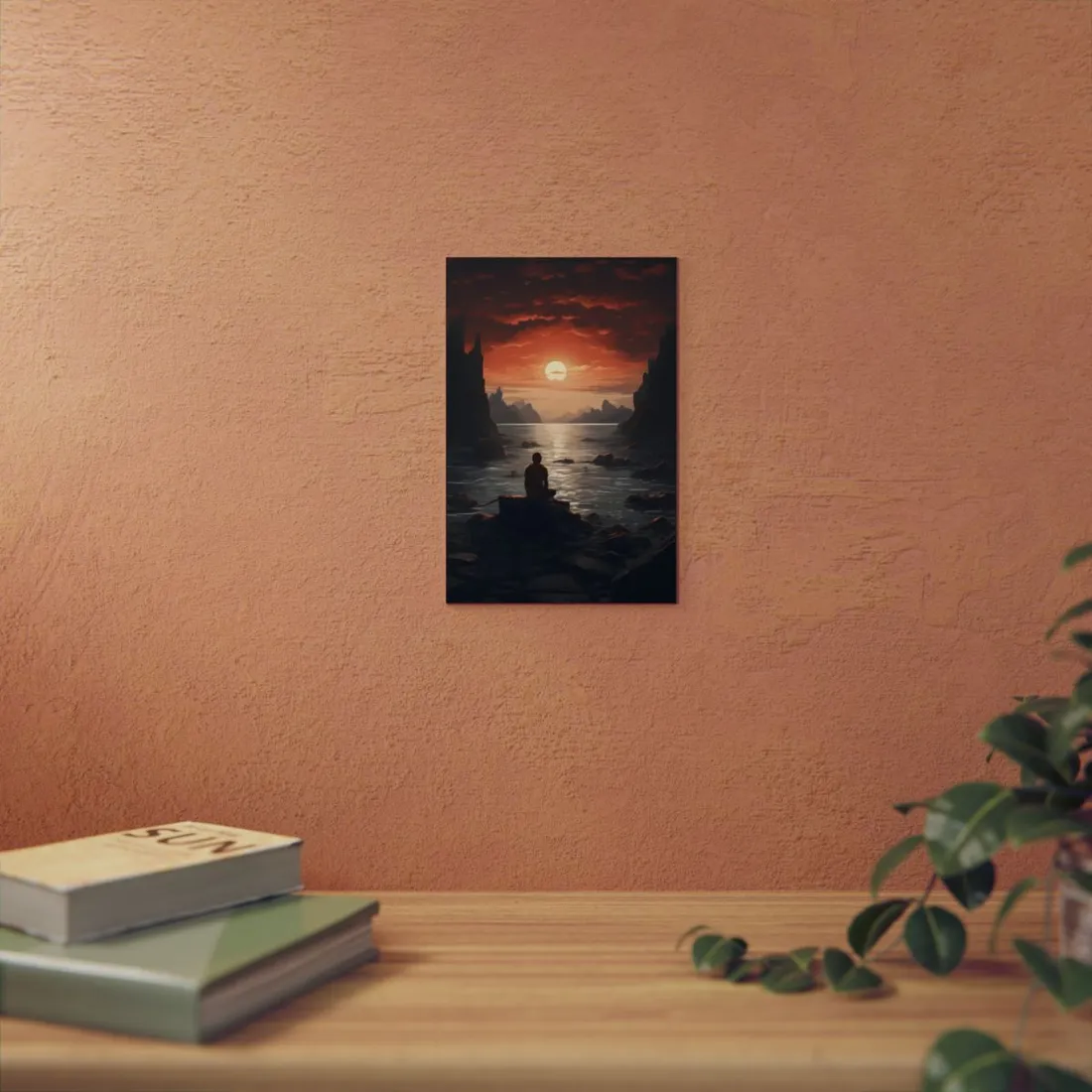 Figure on the Rock at Sunset: Contemplative Seascape - Metal Poster
