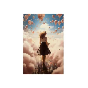 Girl Above City and Balloons Metal Poster