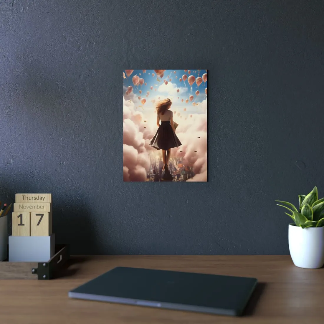 Figure Walking Through Clouds with Floating Balloons - Metal Poster