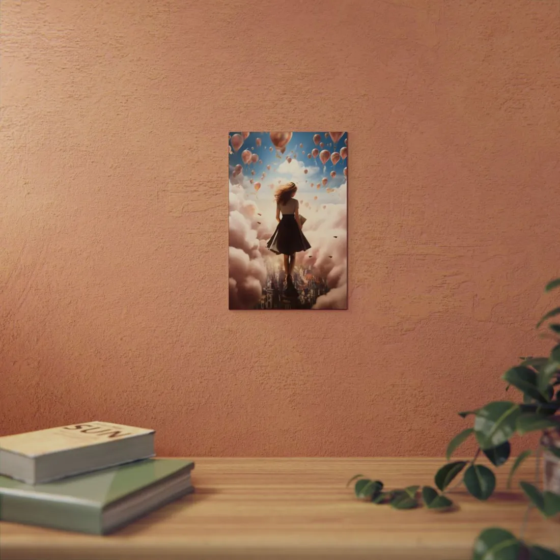 Figure Walking Through Clouds with Floating Balloons - Metal Poster