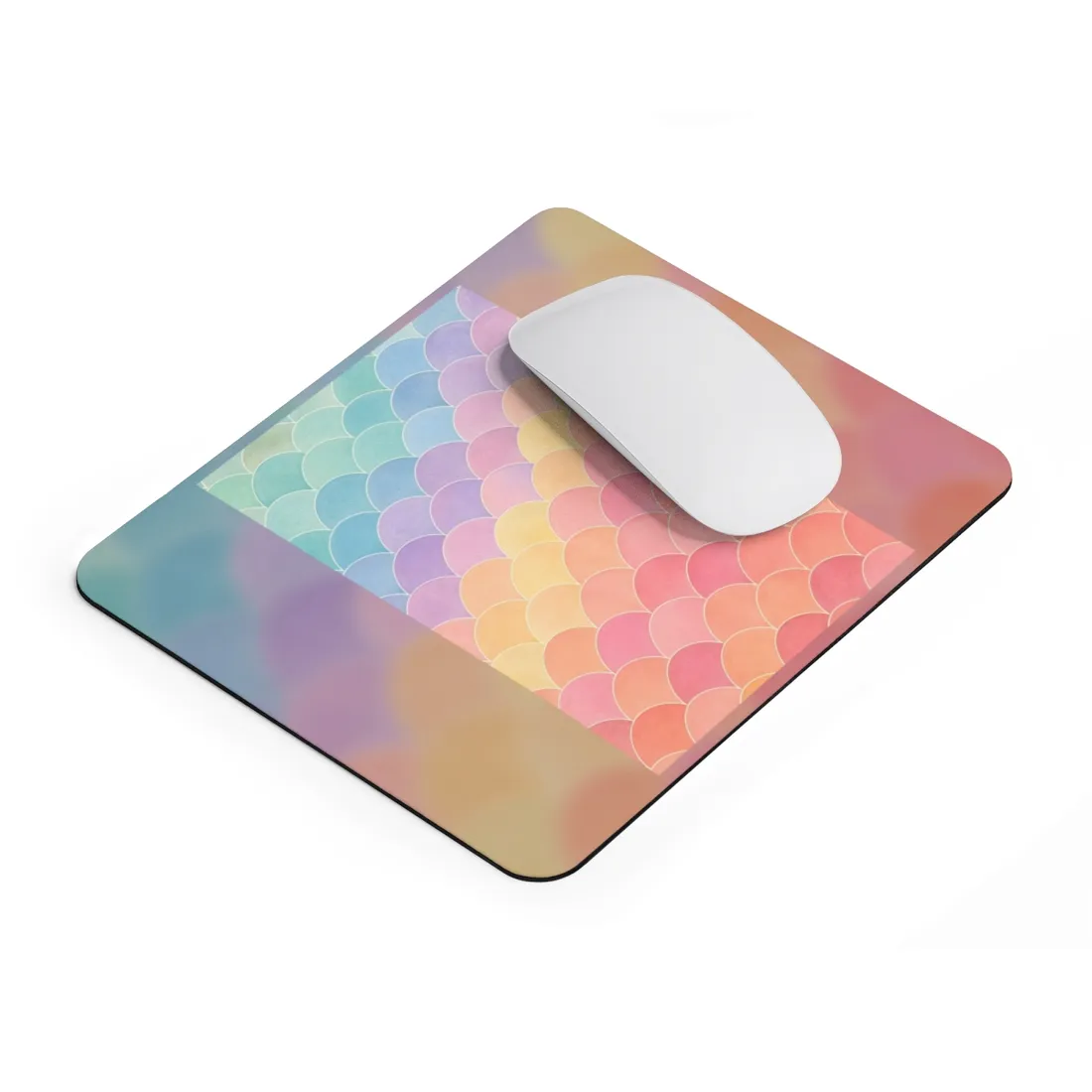 Pastel scalloped fish-scale pattern fading from mint and teal to lavender, pink, peach, coral – Mouse Pad, view 2