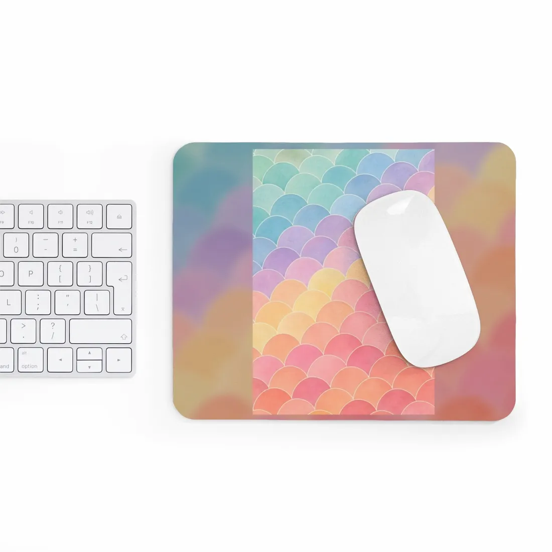 Pastel scalloped fish-scale pattern fading from mint and teal to lavender, pink, peach, coral – Mouse Pad, view 3