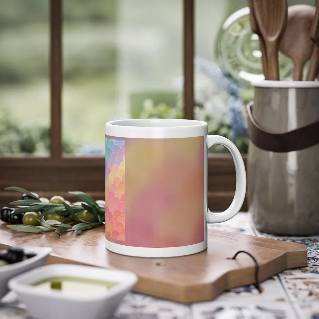 Pastel scalloped fish-scale pattern fading from mint and teal to lavender, pink, peach, coral – Mug, view 2