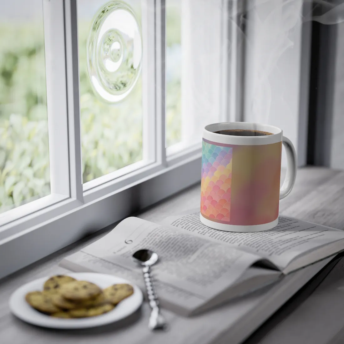 Pastel scalloped fish-scale pattern fading from mint and teal to lavender, pink, peach, coral – Mug, view 3