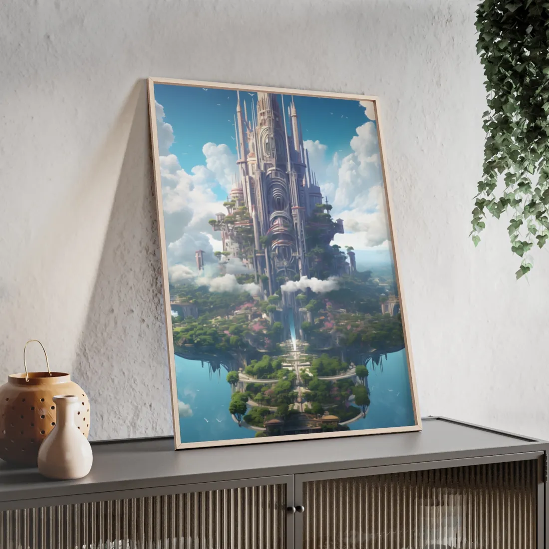 Floating City Dreamscape: Urban Harmony - Framed Poster