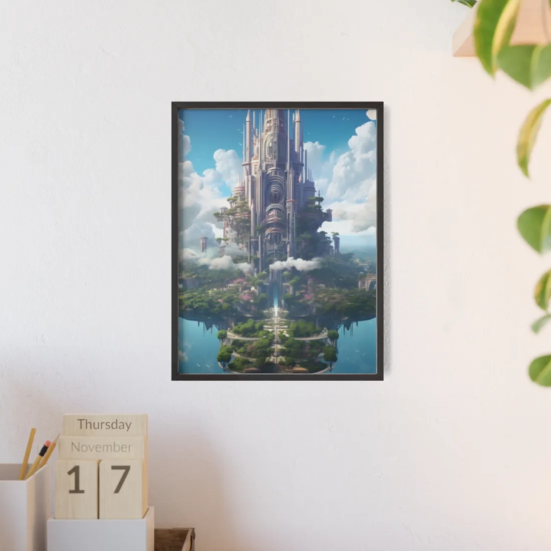 Floating City Dreamscape: Urban Harmony - Framed Poster