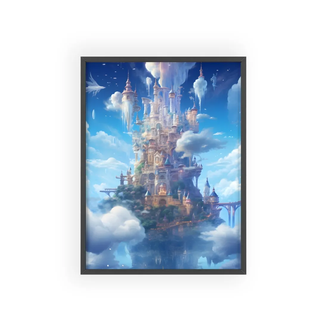 Floating City in Celestial Fantasy Realm: Dreamlike Digital Art - Framed Poster