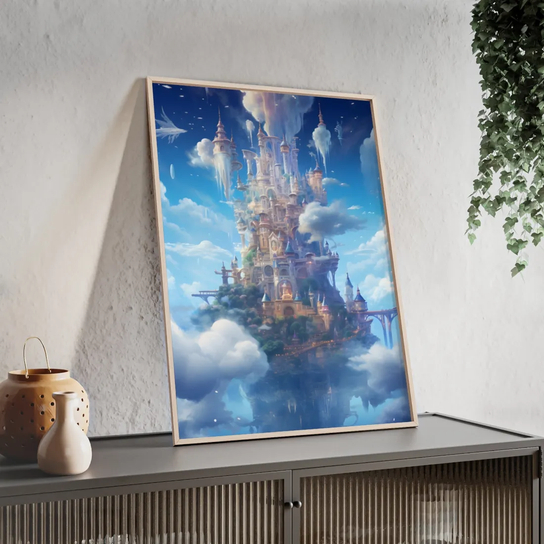 Floating City in Celestial Fantasy Realm: Dreamlike Digital Art - Framed Poster