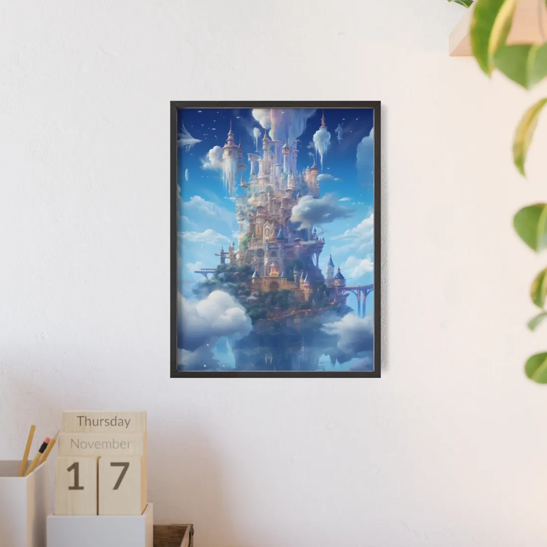 Floating City in Celestial Fantasy Realm: Dreamlike Digital Art - Framed Poster