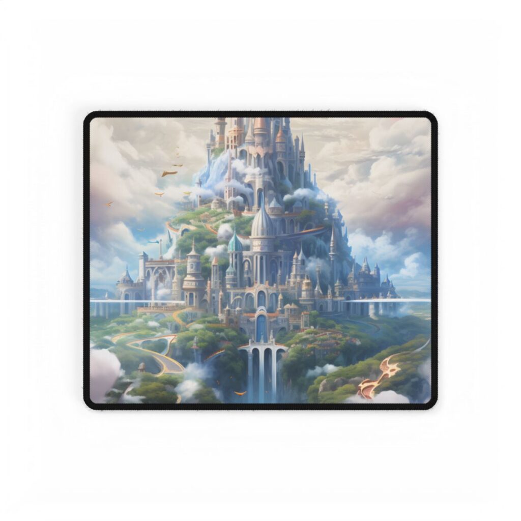 Floating City in Celestial Fantasy Realm: Whimsical Artwork - Desk Mat