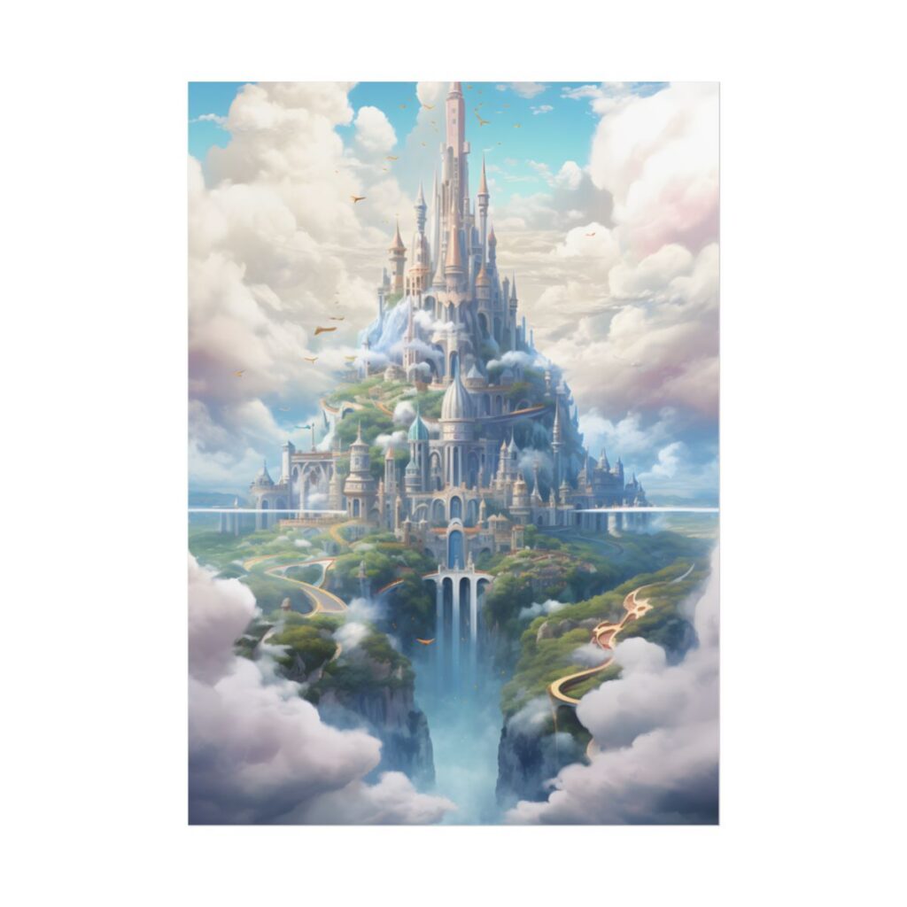 Floating City in Celestial Fantasy Realm: Whimsical Artwork - Poster