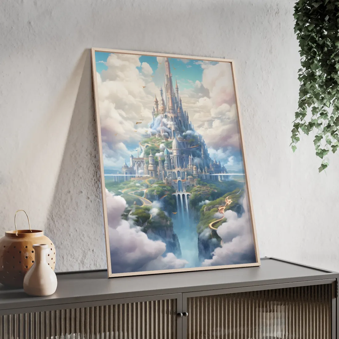 Floating City in Celestial Fantasy Realm: Whimsical - Framed Poster