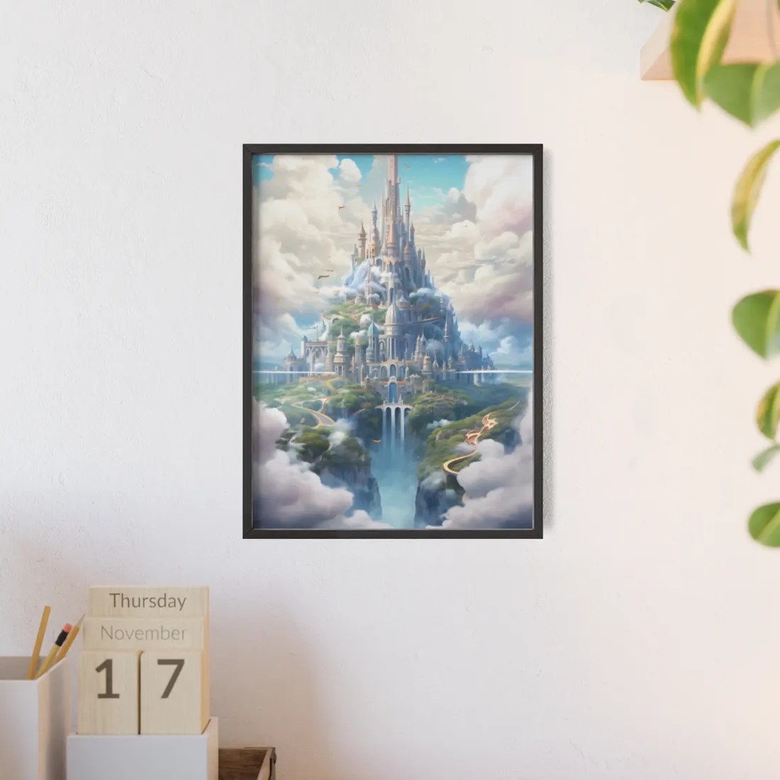 Floating City in Celestial Fantasy Realm: Whimsical - Framed Poster