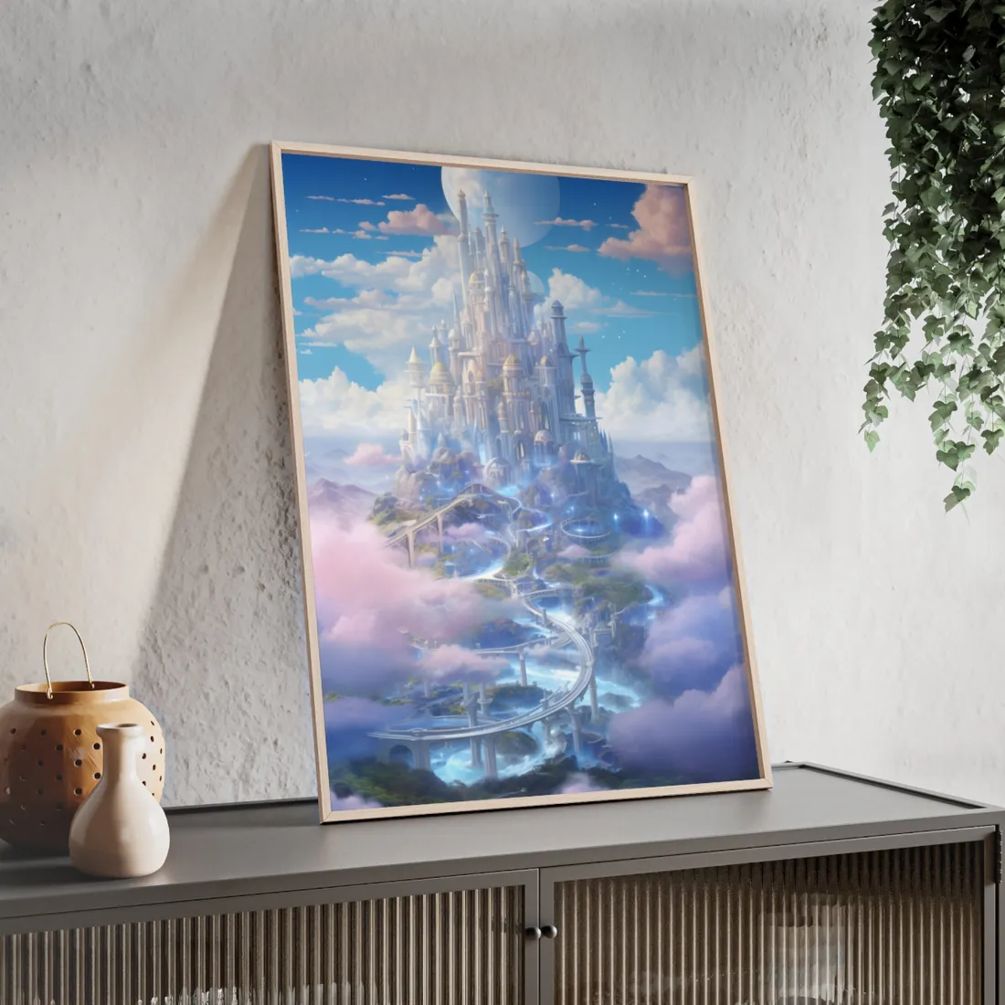 Floating City in Celestial Realm: Serene Fantasy - Framed Poster