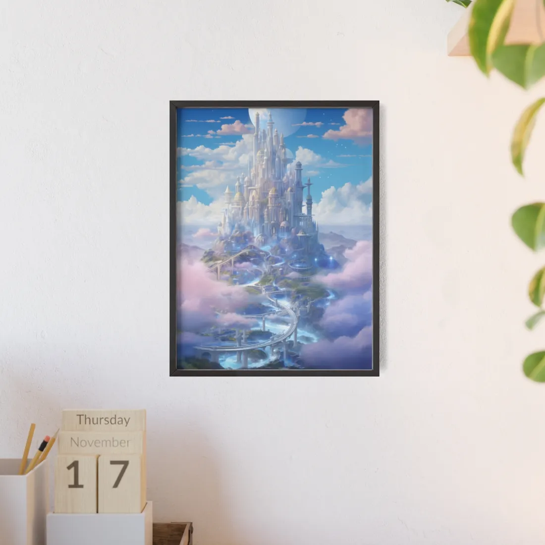 Floating City in Celestial Realm: Serene Fantasy - Framed Poster