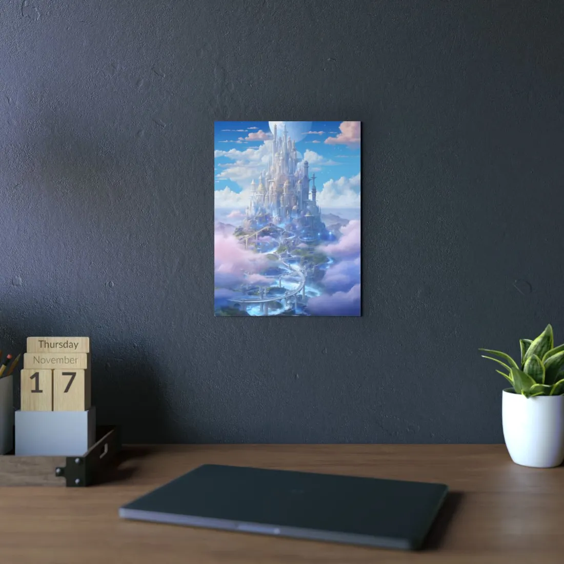 Floating City in Celestial Realm: Serene Fantasy - Metal Poster