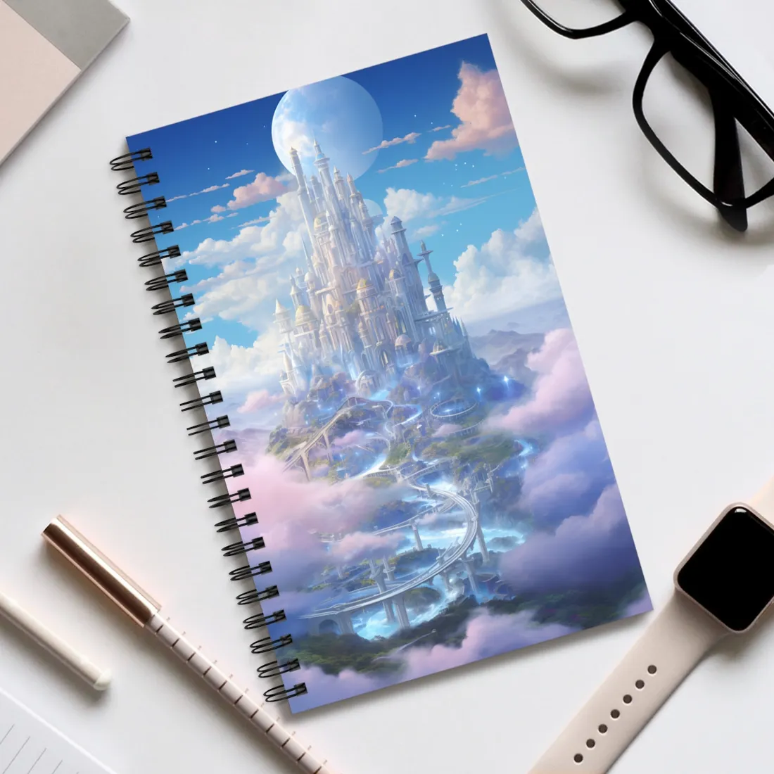 Floating City in Celestial Realm: Serene Fantasy - Spiral Notebook