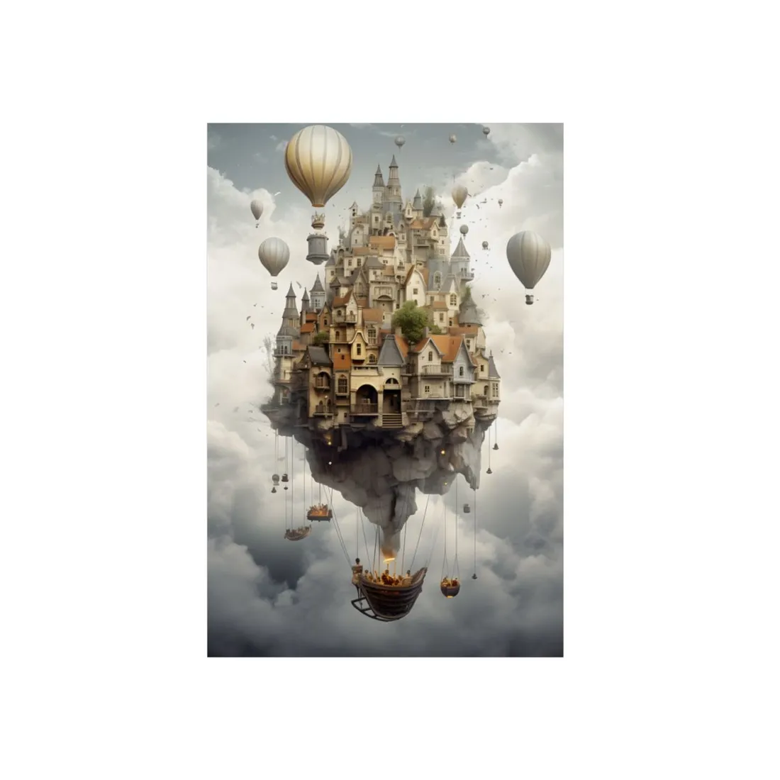 Floating Island Village with Hot Air Balloons - Metal Poster