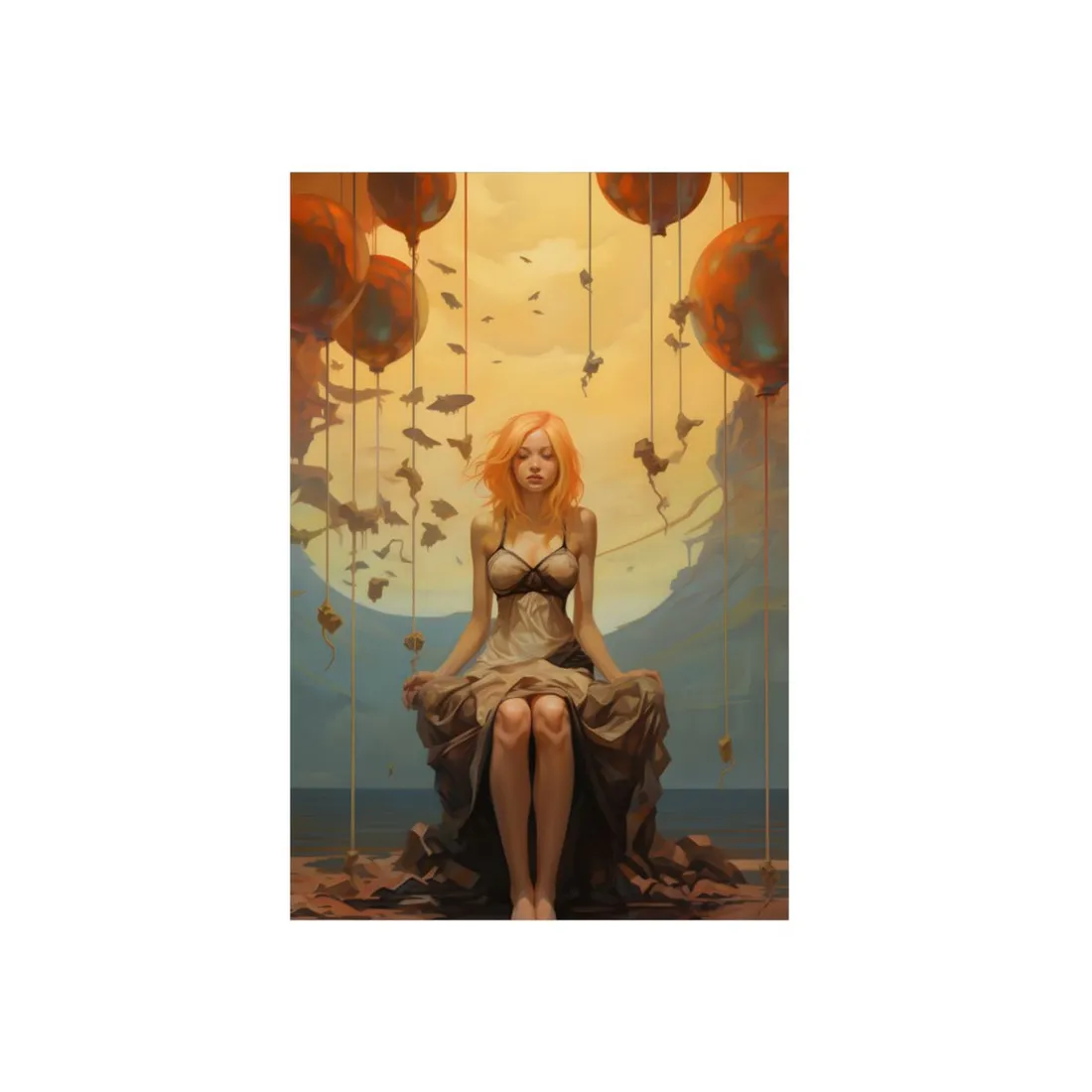 Floating Light: Woman Beneath Drifting Orbs - Metal Poster