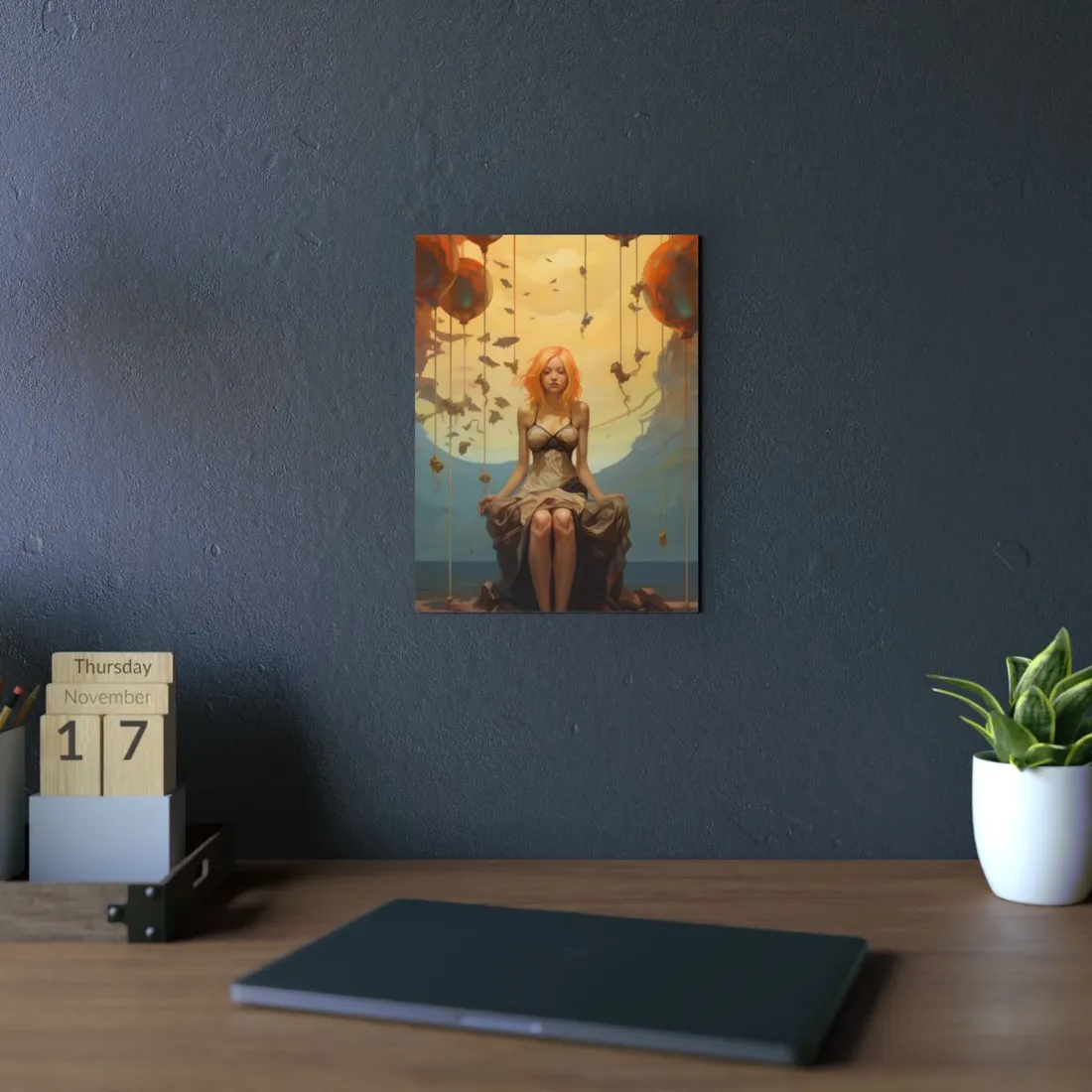 Floating Light: Woman Beneath Drifting Orbs - Metal Poster