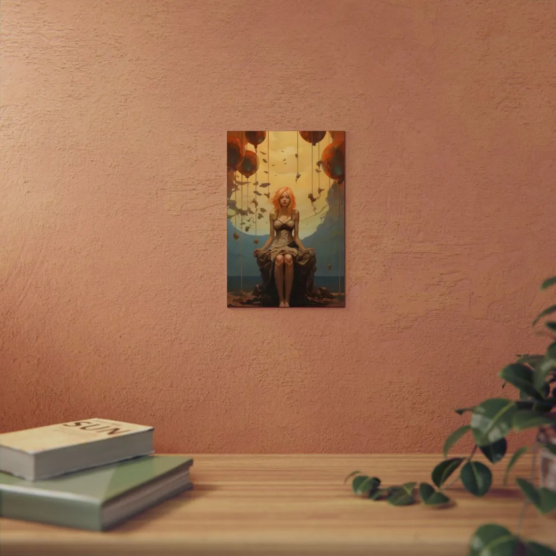 Floating Light: Woman Beneath Drifting Orbs - Metal Poster