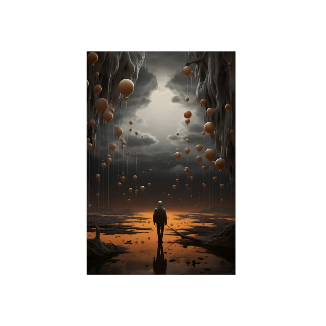 Floating Orbs Over a Misty Plain: Surreal Dusk Landscape - Metal Poster