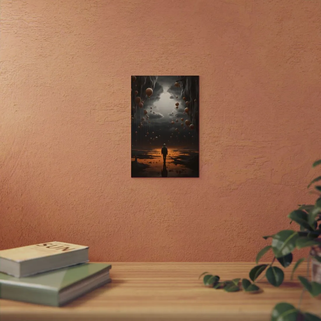 Floating Orbs Over a Misty Plain: Surreal Dusk Landscape - Metal Poster