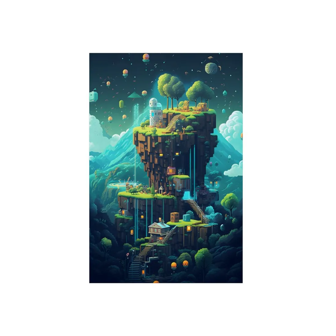 Floating Pixel Island: Voxel Art Landscape - Metal Poster