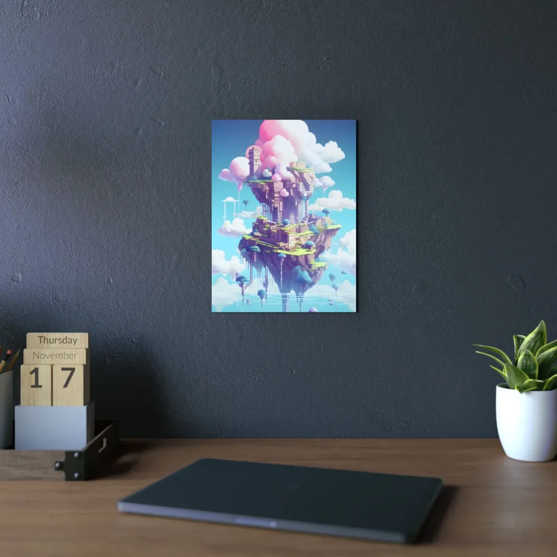 Floating Sky Citadel: Fantasy City in Pink Clouds - Metal Poster