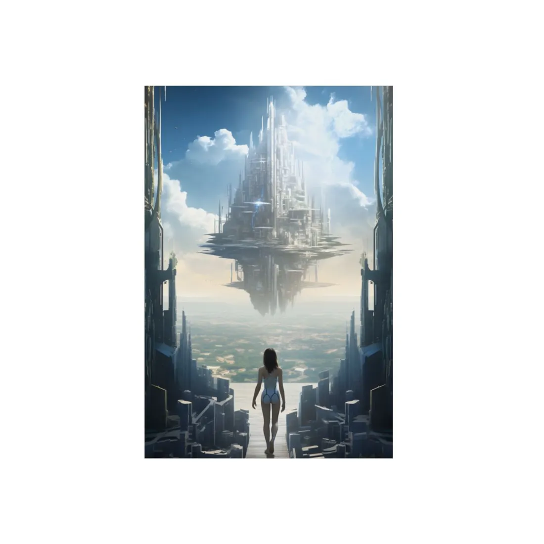 Floating Sky City: Futuristic Metropolis Above Clouds - Metal Poster