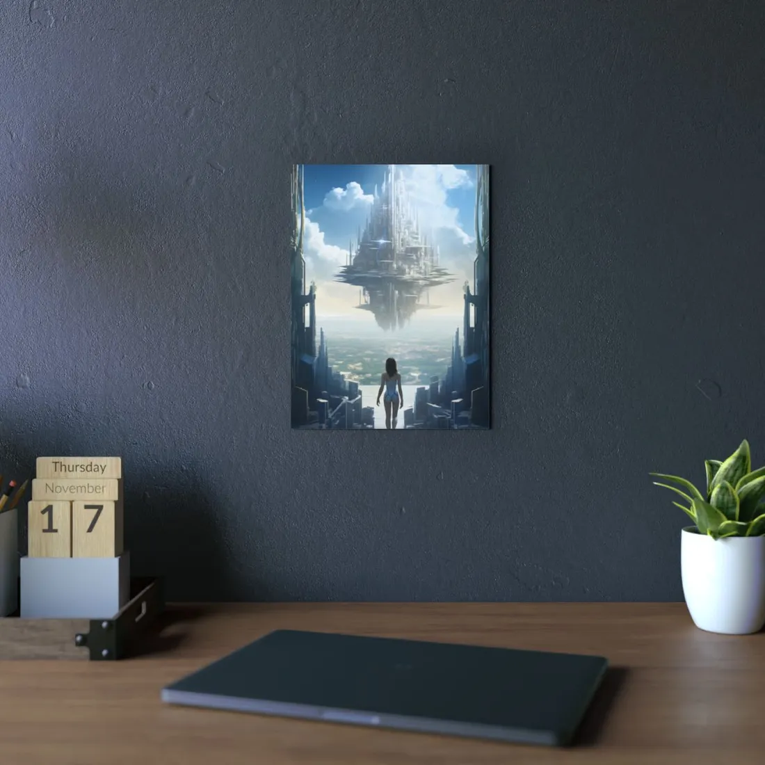 Floating Sky City: Futuristic Metropolis Above Clouds - Metal Poster