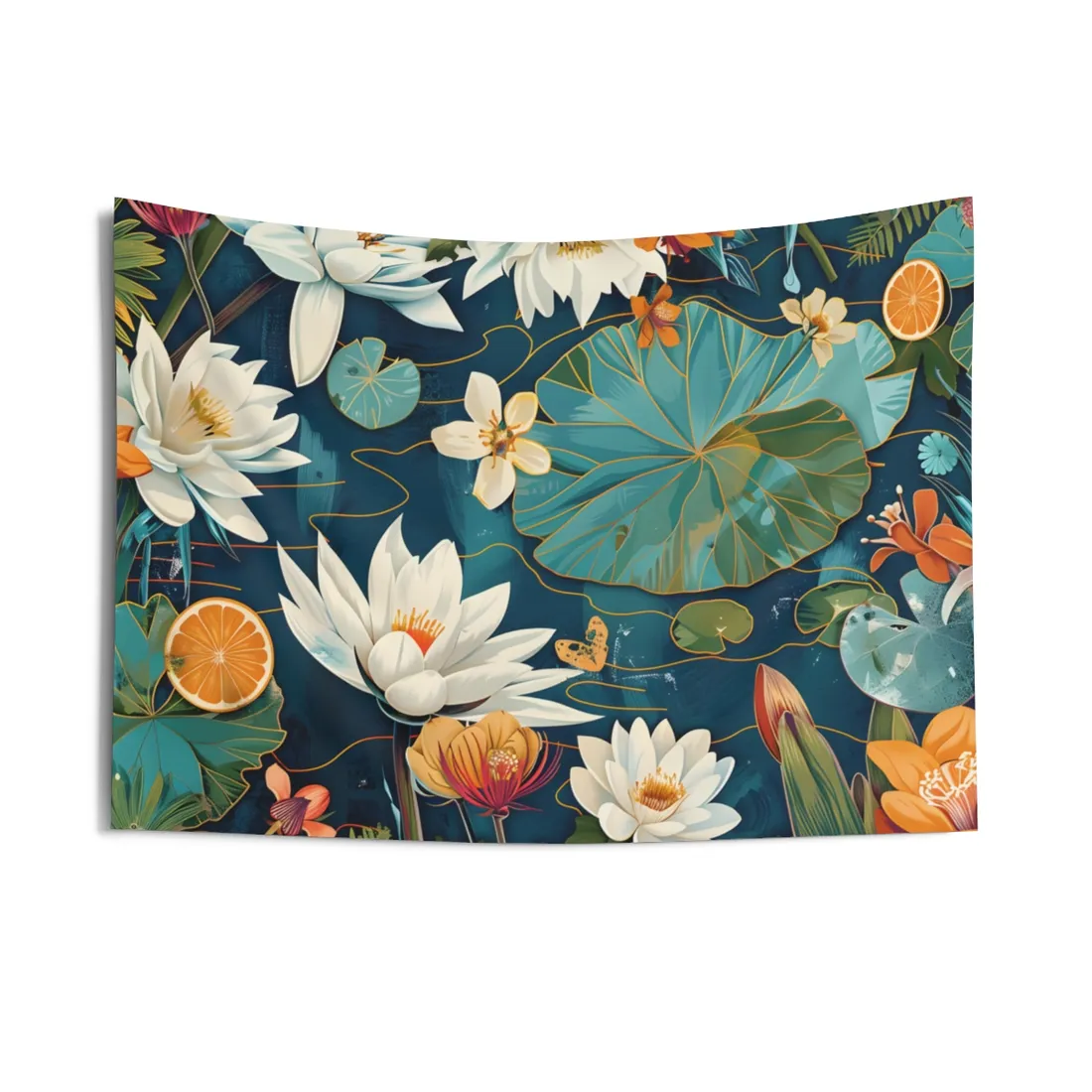 Illustrated white water lilies and orange blossoms float on a teal pond – Wall Tapestry, view 1