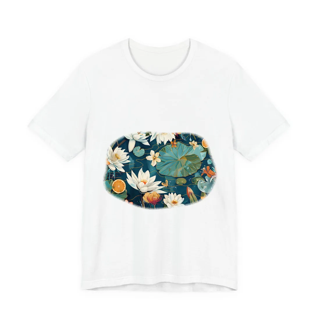 Illustrated white water lilies and orange blossoms float on a teal pond – T-Shirt, white