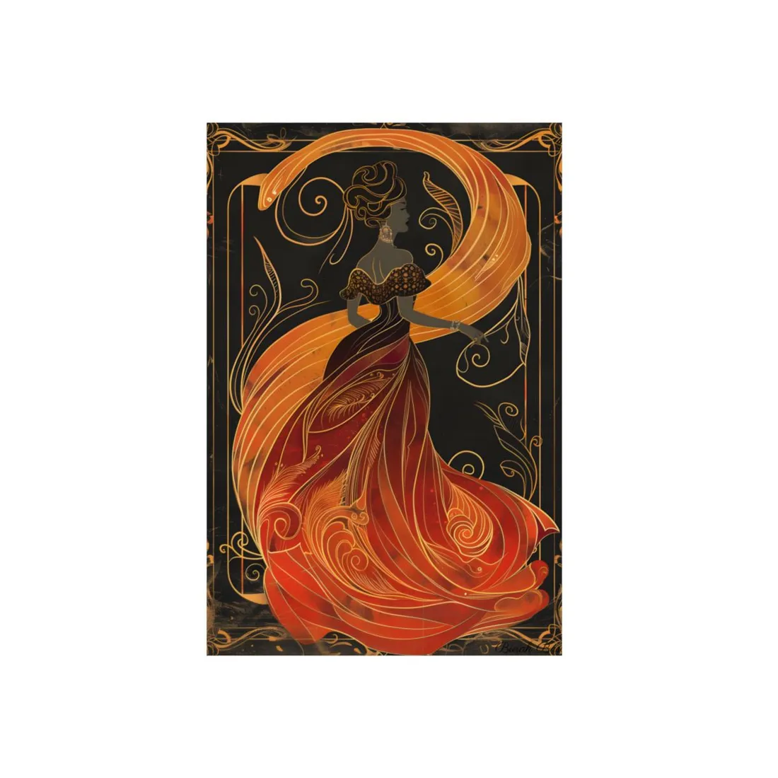 Flowing Art Nouveau Dress: Elegant Orange Silhouette - Metal Poster