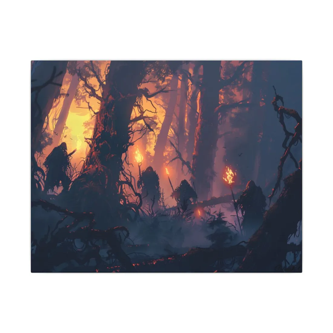 Forest Gathering at Sunset: Peaceful Woodland Scene - Canvas