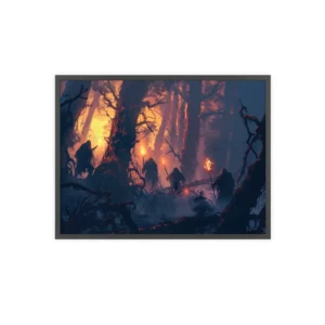 Hooded Figures in Dark Forest Framed Poster