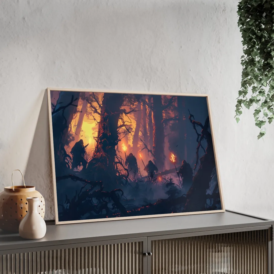 Forest Gathering at Sunset: Peaceful Woodland Scene - Framed Poster
