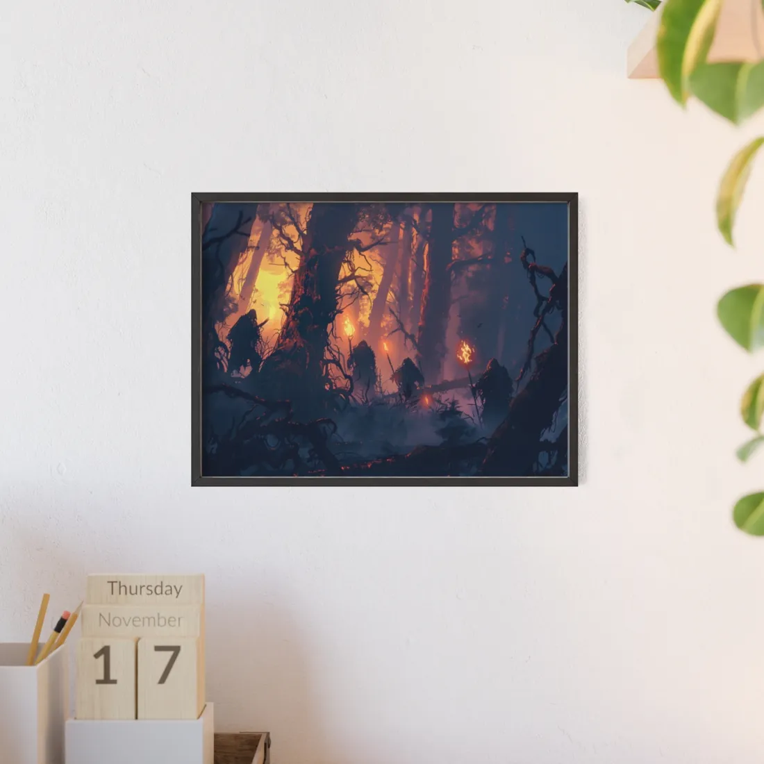 Forest Gathering at Sunset: Peaceful Woodland Scene - Framed Poster