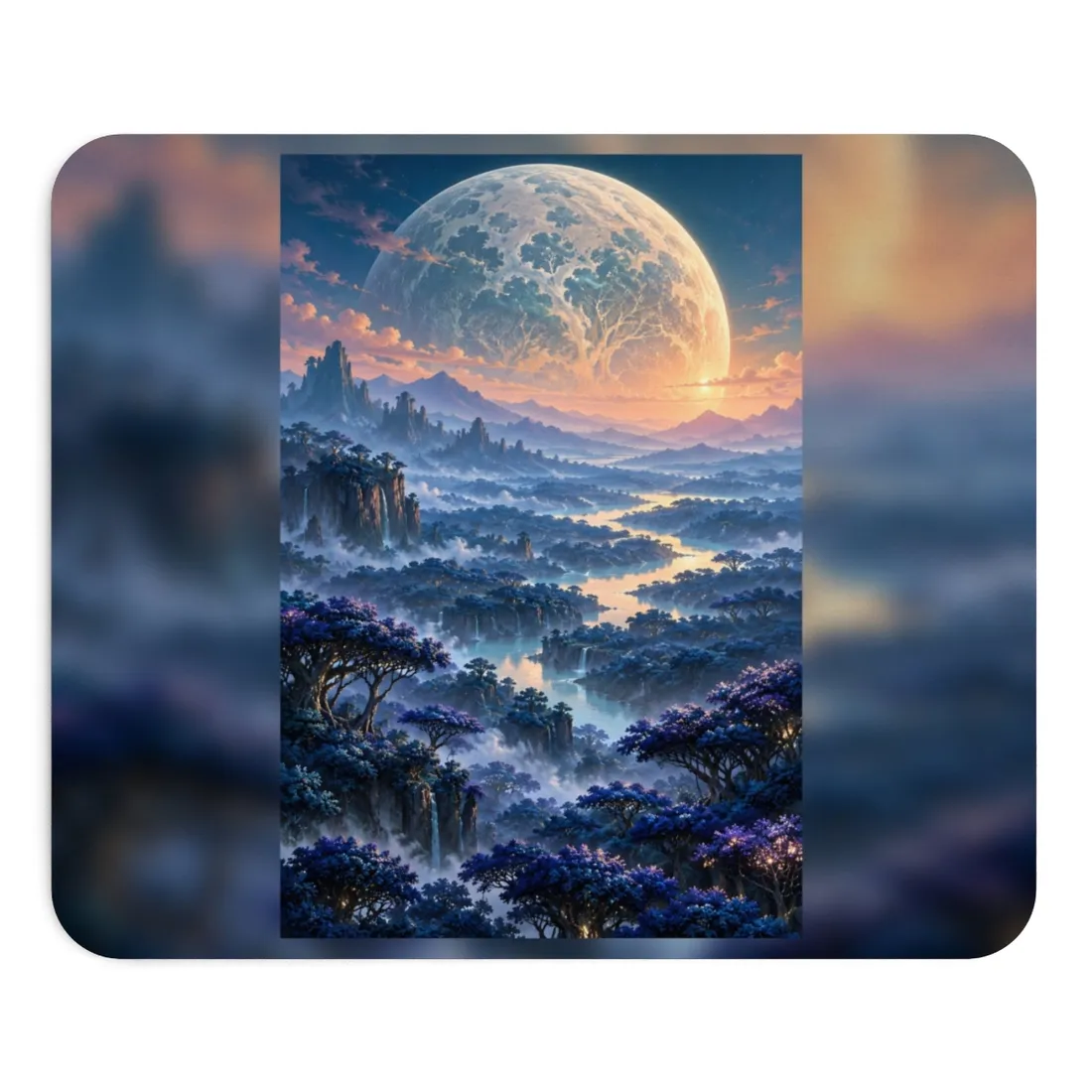 Surreal fantasy landscape beneath a giant pale moon, blue glowing trees, winding misty river – Mouse Pad, view 1