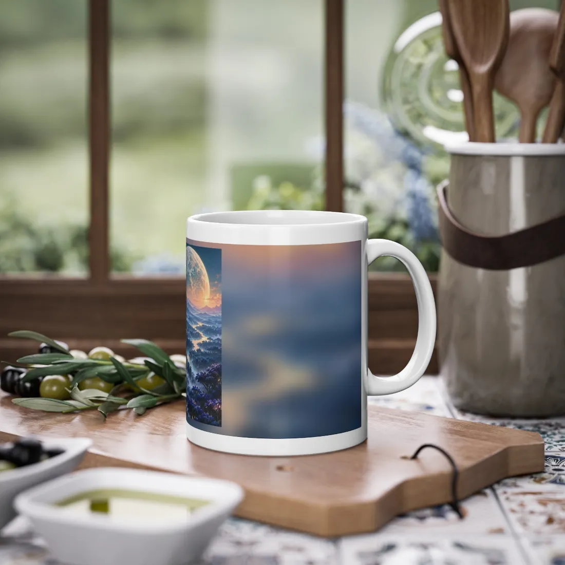 Surreal fantasy landscape beneath a giant pale moon, blue glowing trees, winding misty river – Mug, view 2