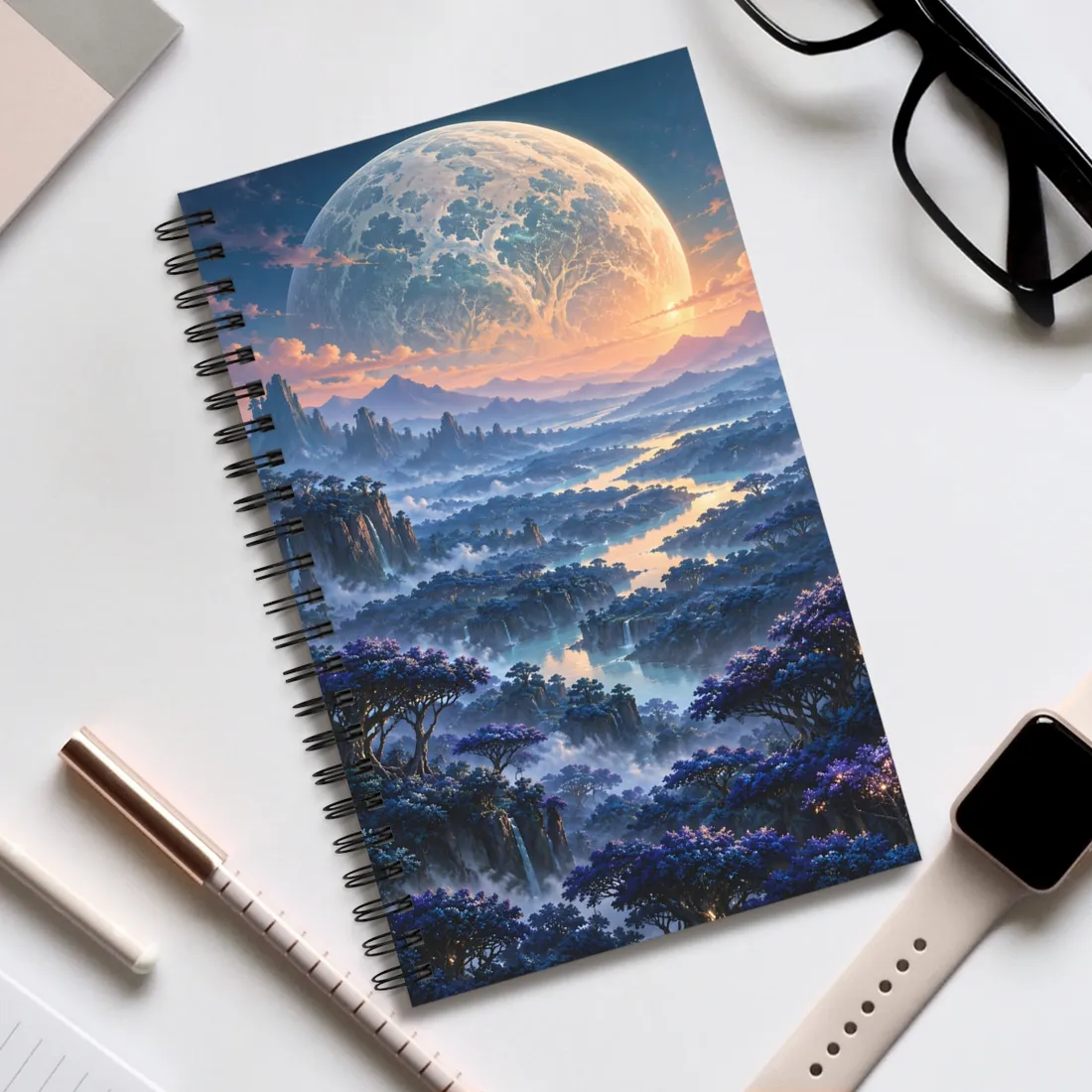 Surreal fantasy landscape beneath a giant pale moon, blue glowing trees, winding misty river – Spiral Notebook, view 2