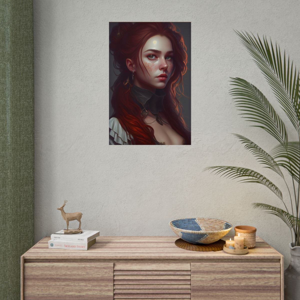 Formal Redhead Portrait: Nature-Themed Artwork in Green and Blue - Poster