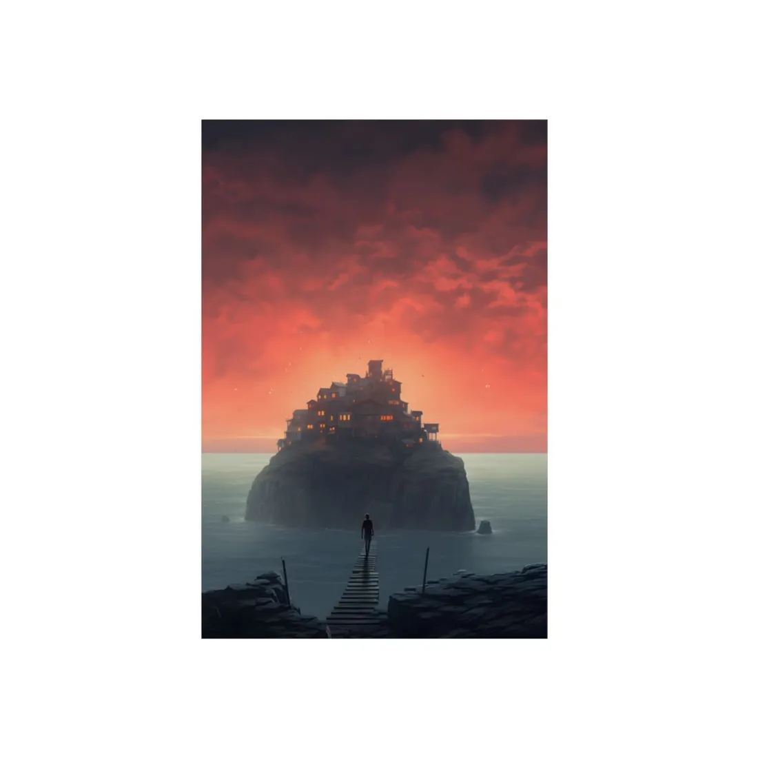 Fortress Island at Dusk: Epic Castle Landscape - Metal Poster