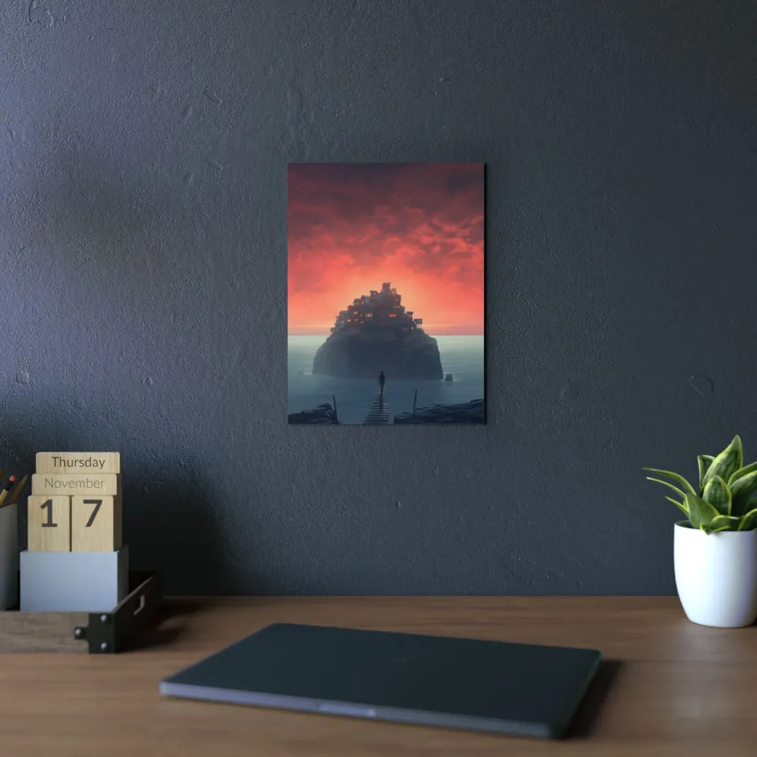 Fortress Island at Dusk: Epic Castle Landscape - Metal Poster