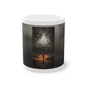 Floating Orbs Over a Misty Plain: Surreal Dusk Landscape Mug