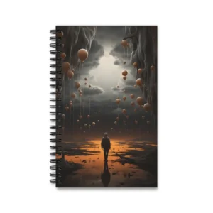 Floating Orbs Over a Misty Plain: Surreal Dusk Landscape Spiral Notebook