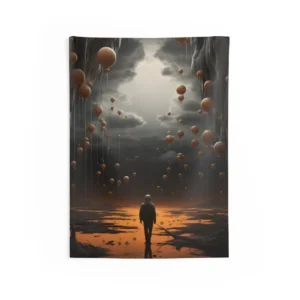 Lone Figure Among Hanging Balloons Wall Tapestry