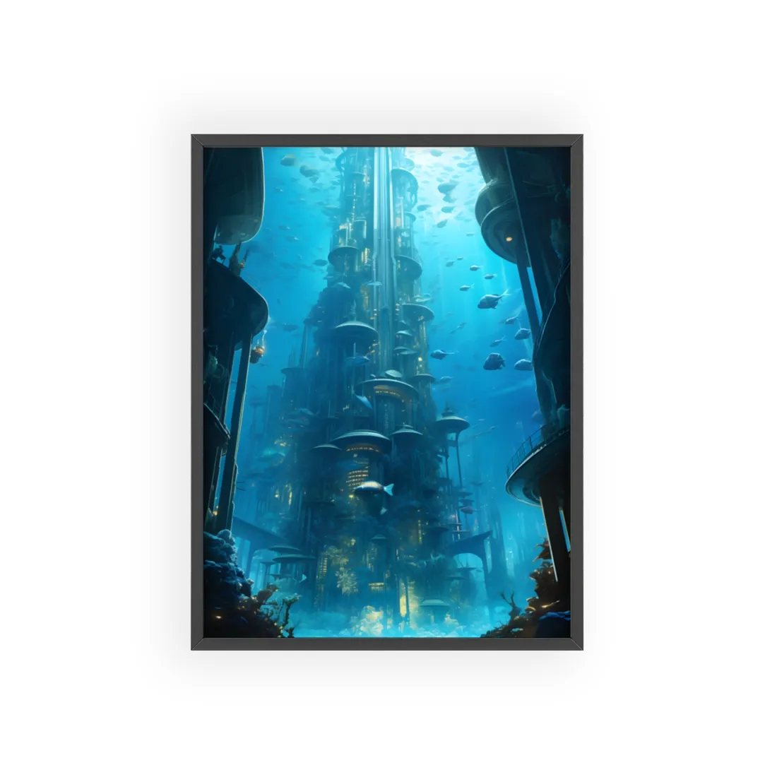 Future Metropolis: Underwater Cityscape Digital Art - Framed Poster