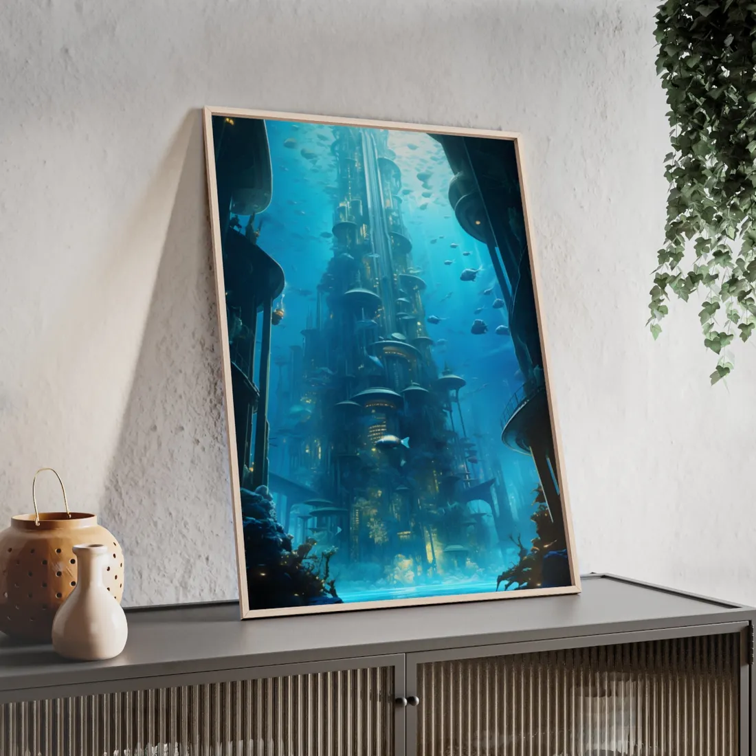 Future Metropolis: Underwater Cityscape Digital Art - Framed Poster