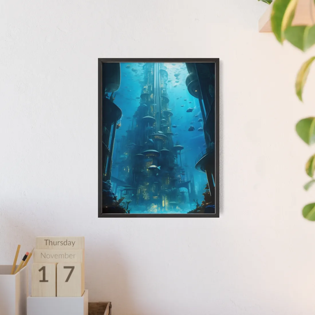 Future Metropolis: Underwater Cityscape Digital Art - Framed Poster